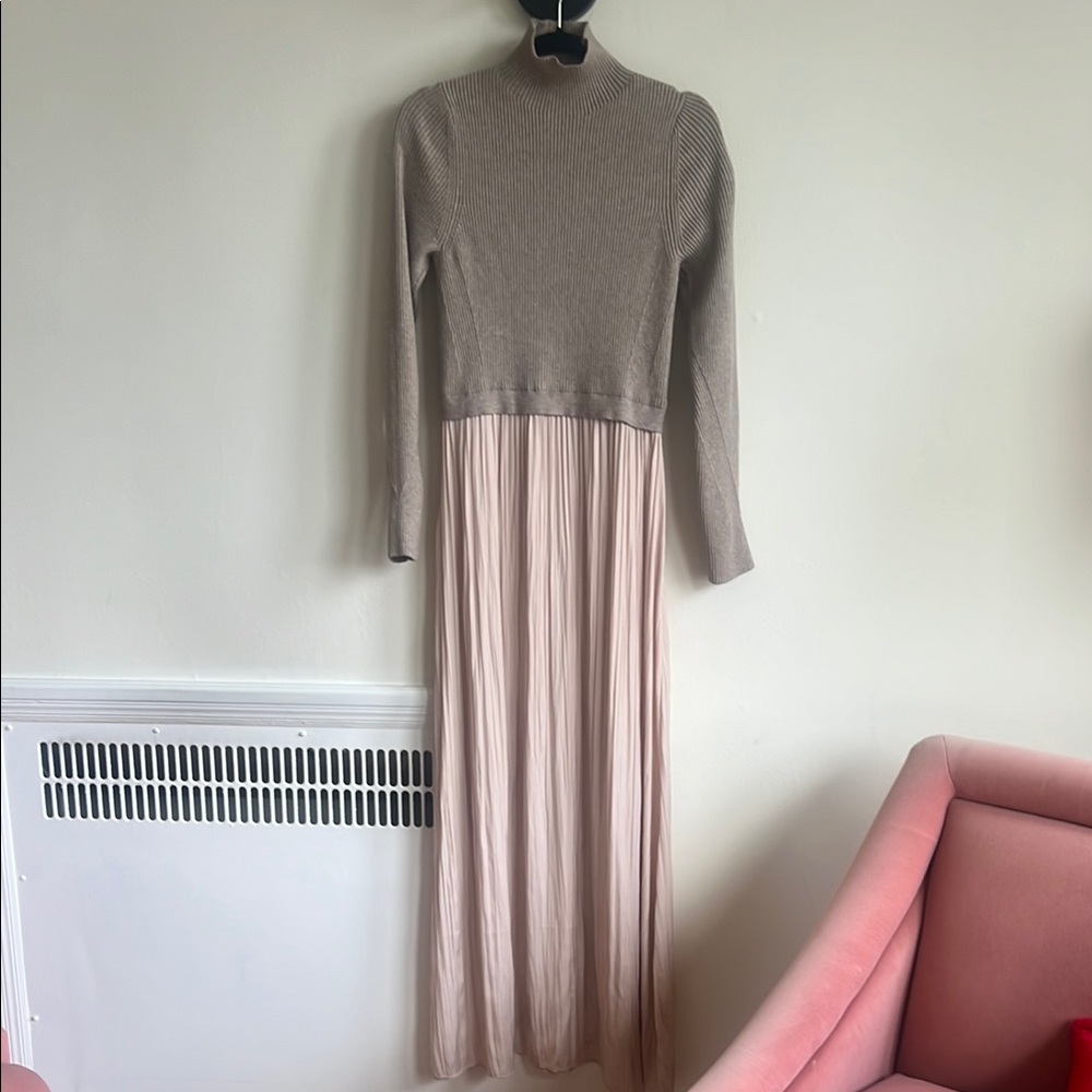 Anthropologie Tan Pleated Maxi Dress with Cuffed Sleeves